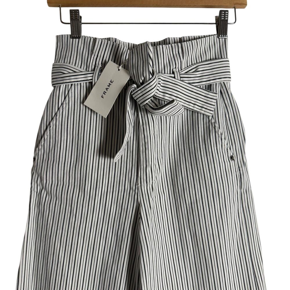 Frame White Striped Belted High Rise Wide Leg Cropped Culotte Pants Size 25 - Picture 3 of 10
